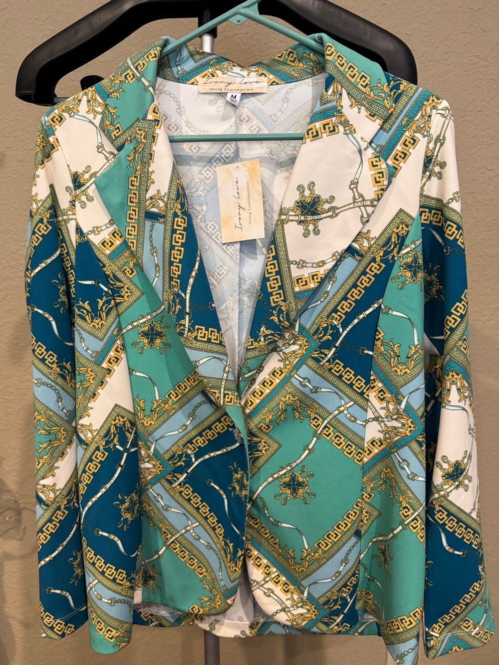 Ivory Love Teal, Dark Teal & White Chain-Print Blazer
